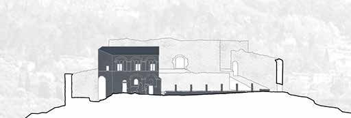Ansicht vorher: Bestand der Festung mit dem Palazzo Guinigi (dunkel hervorgehoben) und den Ruinen der Mauern auf dem Hügel