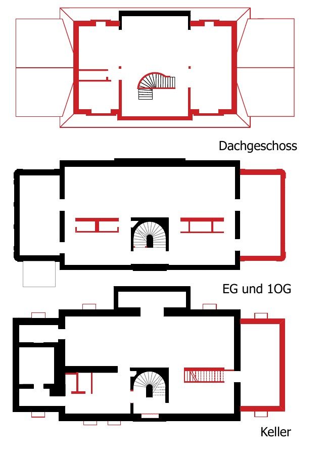 Schemagrundrisse von Dachgeschoss, Erd- und Obergeschoss sowie Keller mit rot hervorgehobenen Bauteilen
