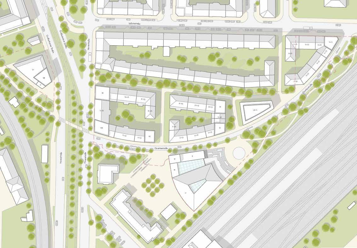 Lageplan des Bogenviertels: neue Baublöcke entlang der geschwungenen Quartierstraße auf der früheren Bahnkurve, rechts die Gleisanlagen