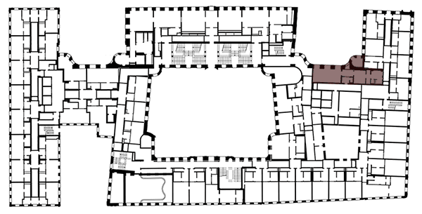 Grundriss des Taschenbergpalais mit farbig markierter Lage einer Hochzeitssuite
