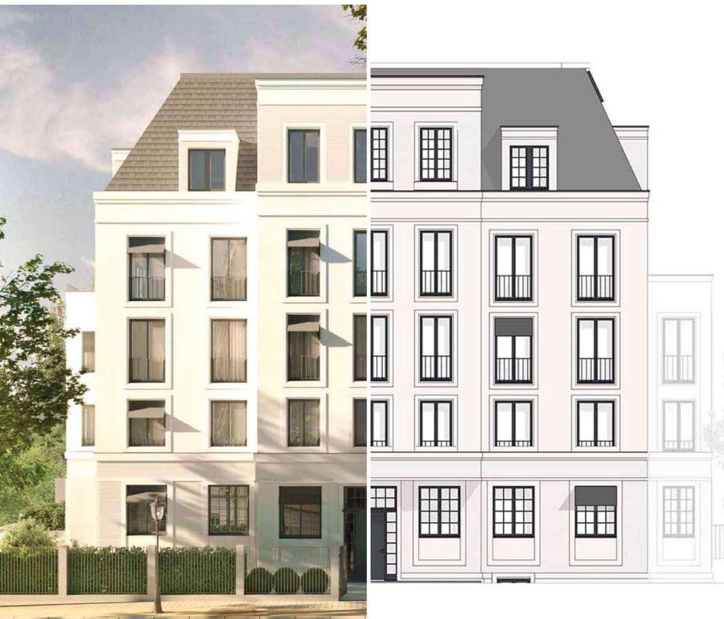 Straßenfassade der Mehrfamilienvilla Therese, senkrecht geteilt: links als Visualisierung mit Mansarddach und Vorgarten, rechts als Ansichtszeichnung
