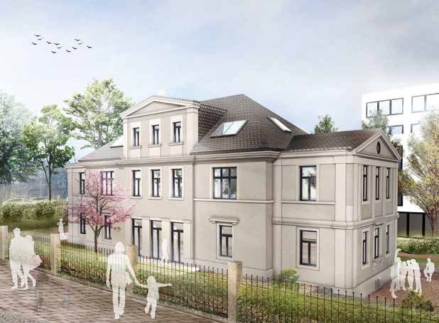 Visualisierung der sanierten Villa von der Straßenecke: hell verputzter Baukörper mit Giebeln und Dachfenstern, davor Zaun, Garten und weiße Personen-Silhouetten