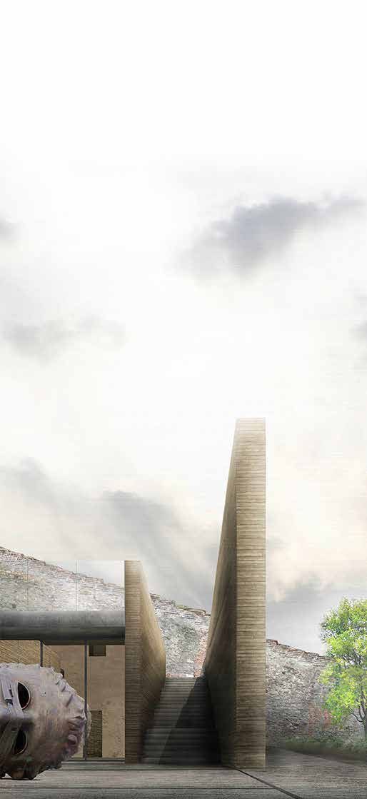 Visualisierung: zwei hohe, schmale Wände aus Sichtmauerwerk fassen eine Treppe, links der verglaste Neubau der Ausstellungsräume und eine große Kopfskulptur, dahinter die alte Festungsmauer