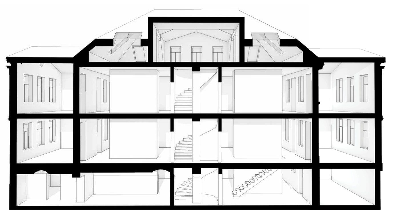 Perspektivischer Schnitt durch die Villa in Längsrichtung: Keller, zwei Vollgeschosse und Dachgeschoss, in der Mitte das Wendeltreppenhaus